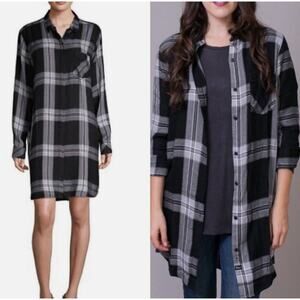 Rails Sawyer Shirt Dress in Black Cinder Plaid Medium Long Sleeve Rayon